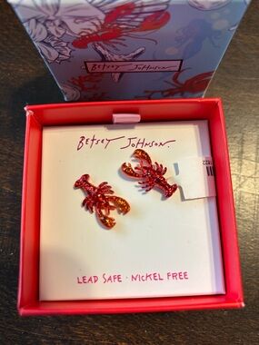Betsey Johnson Glitter Red Lobster Stud Earrings NWT